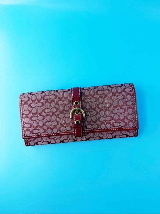 Coach Handbags - Coach 90s Y2K Vintage Signature Logo Jacquard Print Burgundy Leather Bill Wallet